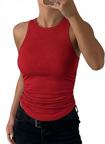 CHICME Womens Sleeveless Racerback High Neck Casual Basic Fitted Ruched Ribbed Tank Top