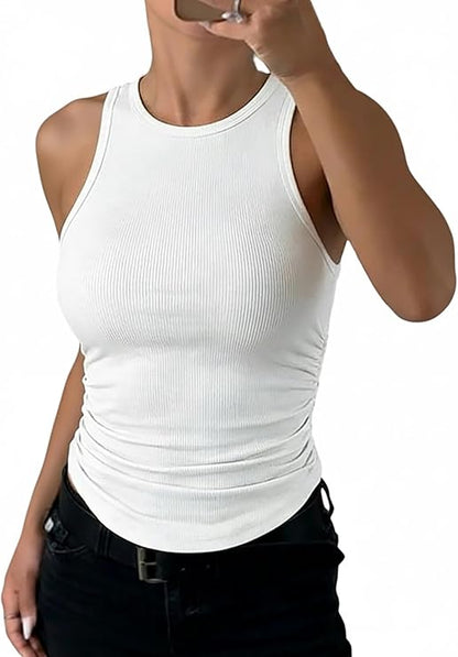 CHICME Womens Sleeveless Racerback High Neck Casual Basic Fitted Ruched Ribbed Tank Top