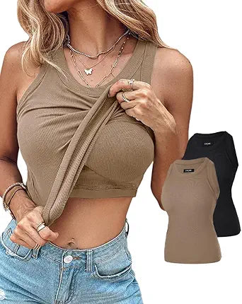 Katiechillll 2-Pack Womens Shelf Bra Tops Sleeveless Shirts Rib-Knit Tops Summer Outfits