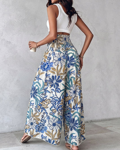 CHICME Boho Floral Shirred High Waisted Wide Leg Pants Flowy Trousers Summer Beach Vacation Wear