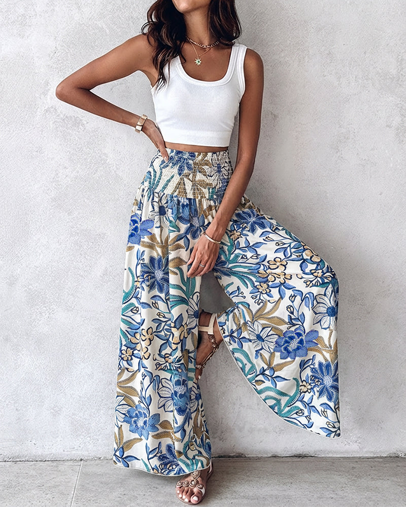 CHICME Boho Floral Shirred High Waisted Wide Leg Pants Flowy Trousers Summer Beach Vacation Wear