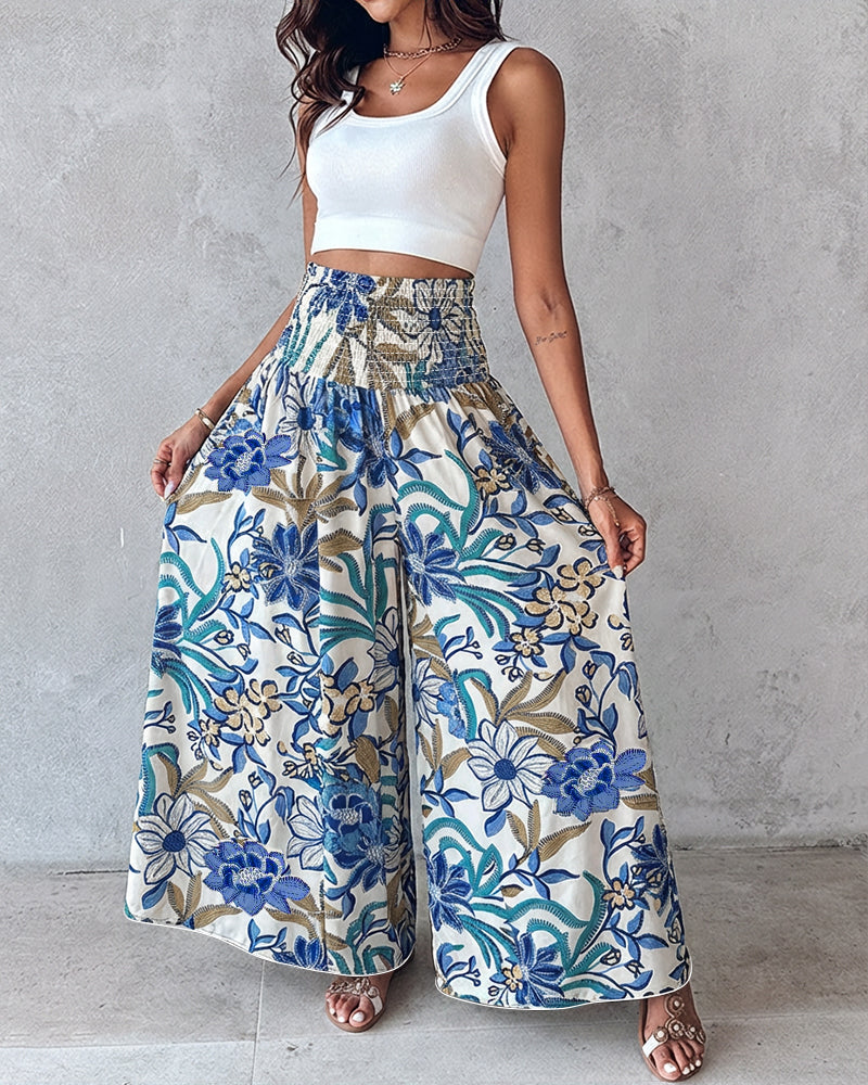 CHICME Boho Floral Shirred High Waisted Wide Leg Pants Flowy Trousers Summer Beach Vacation Wear