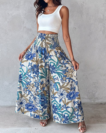 CHICME Boho Floral Shirred High Waisted Wide Leg Pants Flowy Trousers Summer Beach Vacation Wear