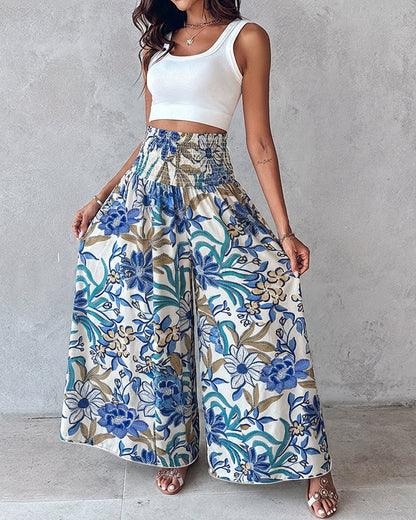 CHICME Boho Floral Shirred High Waisted Wide Leg Pants Flowy Trousers Summer Beach Vacation Wear