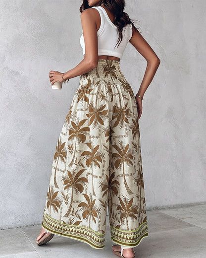 Adventuresoflilred Boho Floral Shirred High Waisted Wide Leg Pants Flowy Trousers Summer Beach Vacation Wear