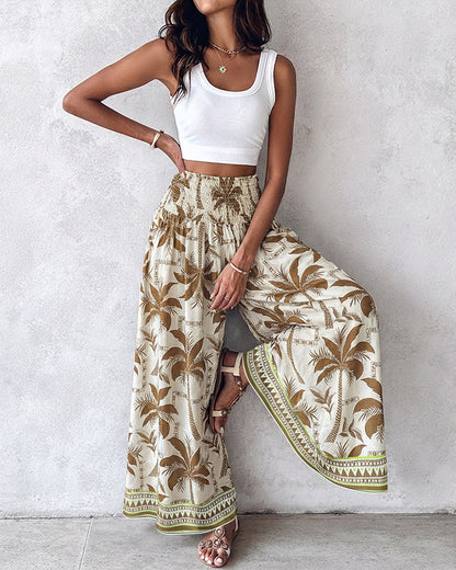 Adventuresoflilred Boho Floral Shirred High Waisted Wide Leg Pants Flowy Trousers Summer Beach Vacation Wear
