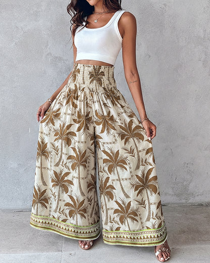 Adventuresoflilred Boho Floral Shirred High Waisted Wide Leg Pants Flowy Trousers Summer Beach Vacation Wear