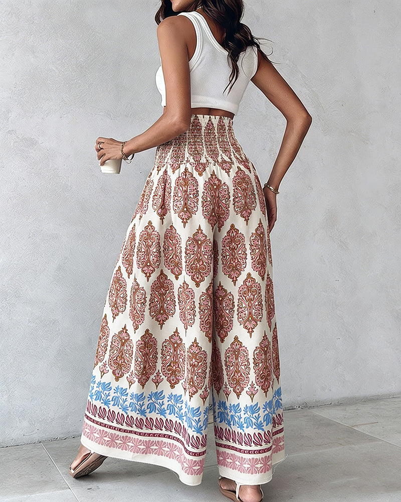 CHICME Boho Floral Shirred High Waisted Wide Leg Pants