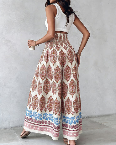 CHICME Boho Floral Shirred High Waisted Wide Leg Pants