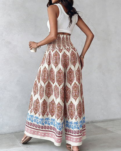 CHICME Boho Floral Shirred High Waisted Wide Leg Pants
