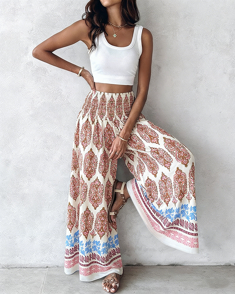 CHICME Boho Floral Shirred High Waisted Wide Leg Pants