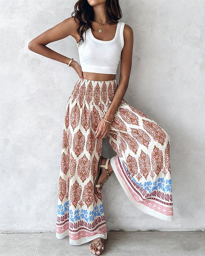 CHICME Boho Floral Shirred High Waisted Wide Leg Pants