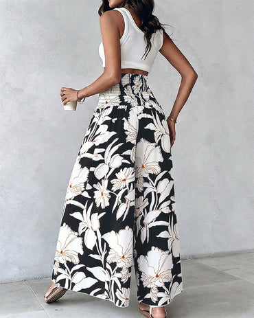 CHICME Boho Floral Shirred High Waisted Wide Leg Pants