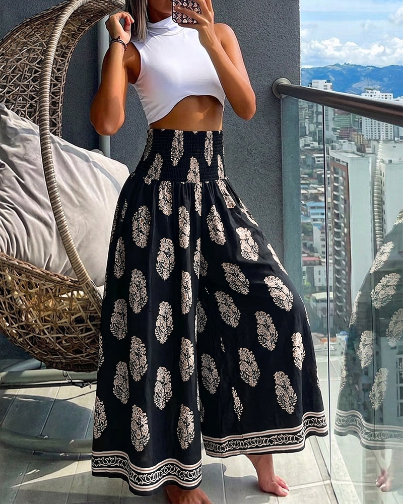 CHICME Boho Floral Shirred High Waisted Wide Leg Pants