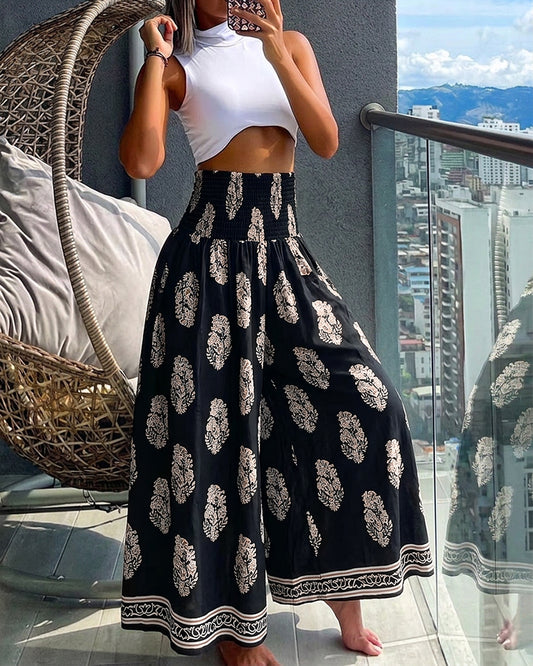 CHICME Boho Floral Shirred High Waisted Wide Leg Pants