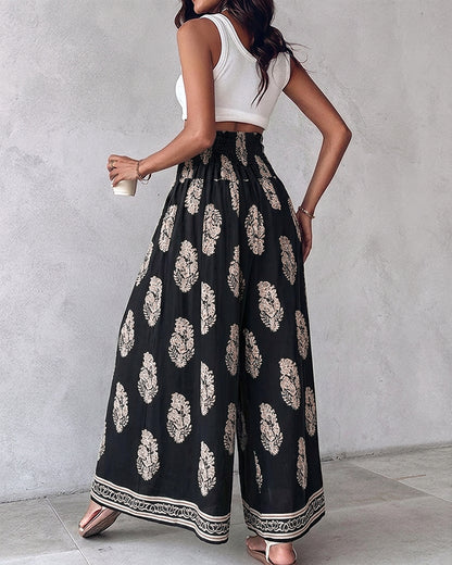 CHICME Boho Floral Shirred High Waisted Wide Leg Pants