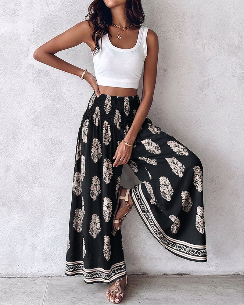 CHICME Boho Floral Shirred High Waisted Wide Leg Pants