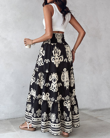 CHICME Boho Floral Shirred High Waisted Wide Leg Pants