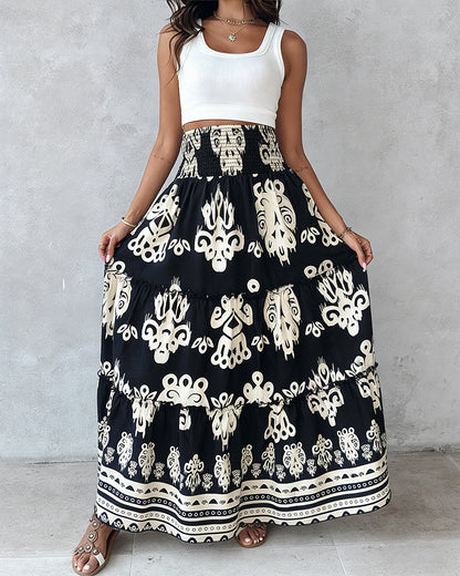 CHICME Boho Floral Shirred High Waisted Wide Leg Pants