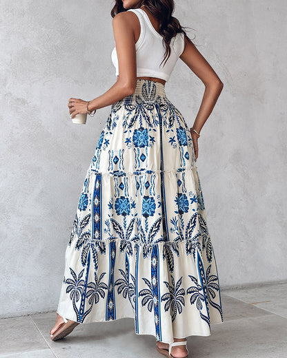 CHICME Women's Boho Floral Maxi Skirt Summer Casual Shirred High Waist Flowy Long Skirt