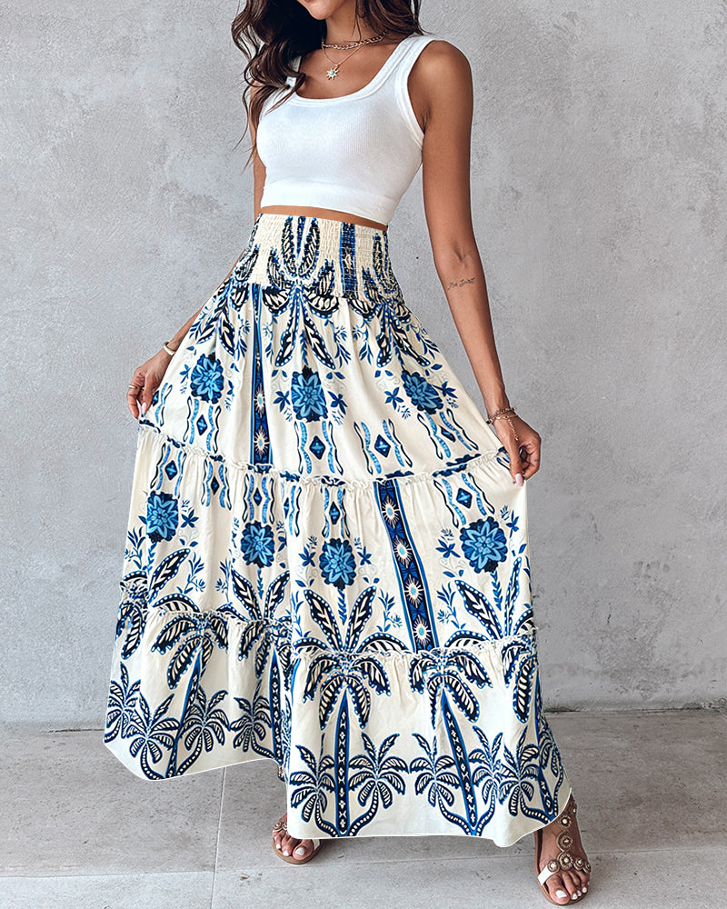 CHICME Women's Boho Floral Maxi Skirt Summer Casual Shirred High Waist Flowy Long Skirt