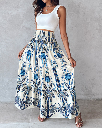 CHICME Women's Boho Floral Maxi Skirt Summer Casual Shirred High Waist Flowy Long Skirt