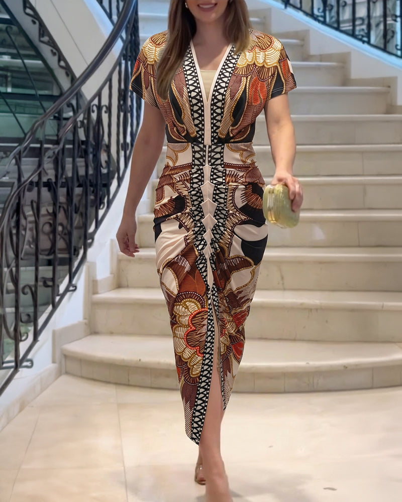 CHICME Summer Dresses for Women Floral Print Plunge V Neck Midi Dress