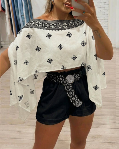 CHICME Womens Off The Shoulder Flowy Tops Casual Batwing Slit Sleeve Blouse Loose Shirt with Bandeau Top