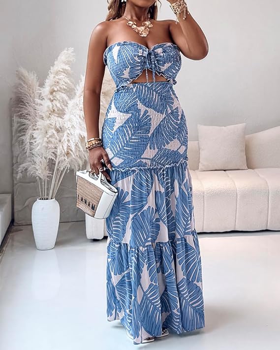CHICME Floral Printed Prom Dress Drawstring Ruched Shirred Bandeau Party Dress Slim Fit Ruffle Hem Wedding Guest Dresses