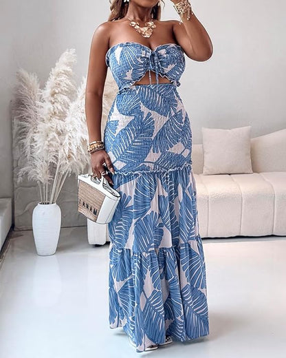 CHICME Floral Printed Prom Dress Drawstring Ruched Shirred Bandeau Party Dress Slim Fit Ruffle Hem Wedding Guest Dresses