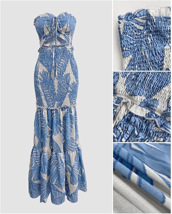 CHICME Floral Printed Prom Dress Drawstring Ruched Shirred Bandeau Party Dress Slim Fit Ruffle Hem Wedding Guest Dresses