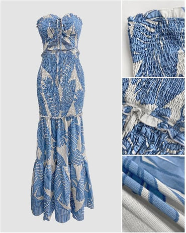 CHICME Floral Printed Prom Dress Drawstring Ruched Shirred Bandeau Party Dress Slim Fit Ruffle Hem Wedding Guest Dresses