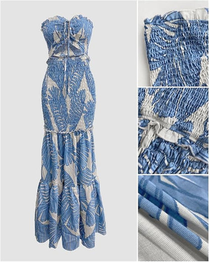 CHICME Floral Printed Prom Dress Drawstring Ruched Shirred Bandeau Party Dress Slim Fit Ruffle Hem Wedding Guest Dresses