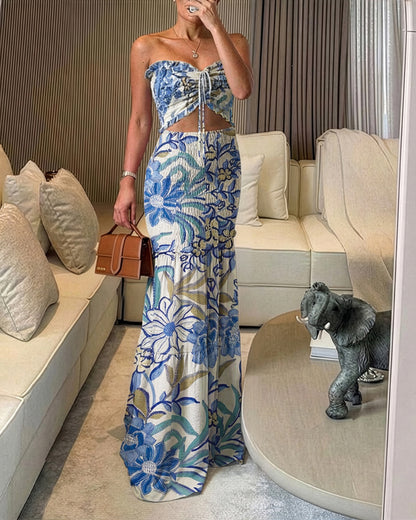 CHICME Floral Printed Prom Dress Tie Ruched Shirred Bandeau Party Dress