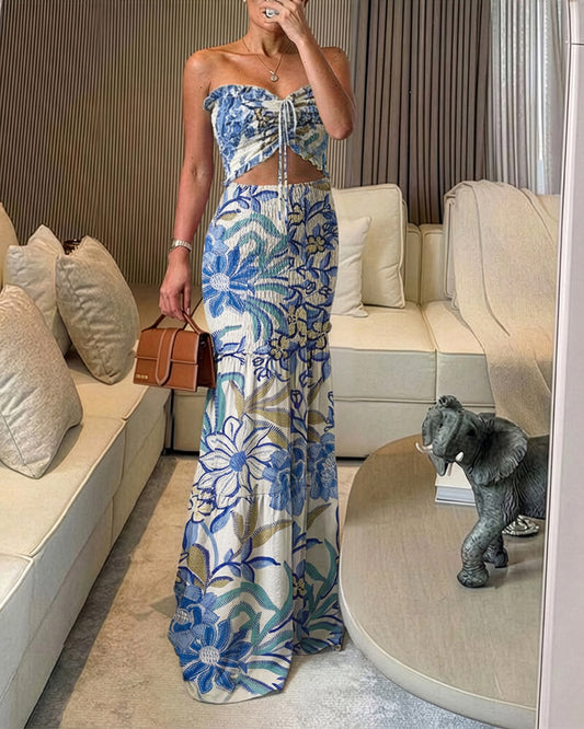 CHICME Floral Printed Prom Dress Tie Ruched Shirred Bandeau Party Dress