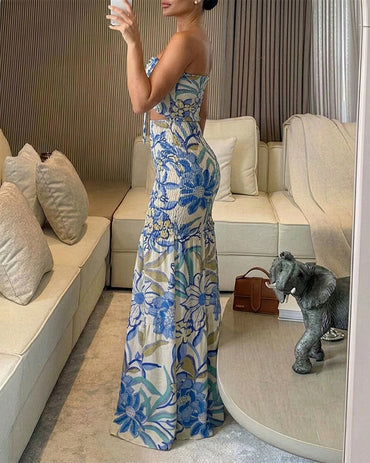 CHICME Floral Printed Prom Dress Tie Ruched Shirred Bandeau Party Dress