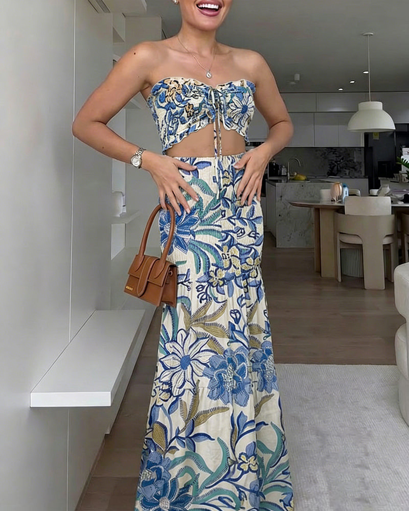 CHICME Floral Printed Prom Dress Tie Ruched Shirred Bandeau Party Dress