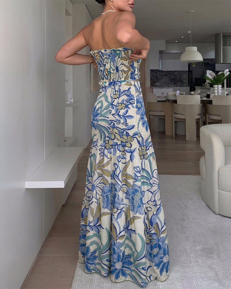 CHICME Floral Printed Prom Dress Tie Ruched Shirred Bandeau Party Dress