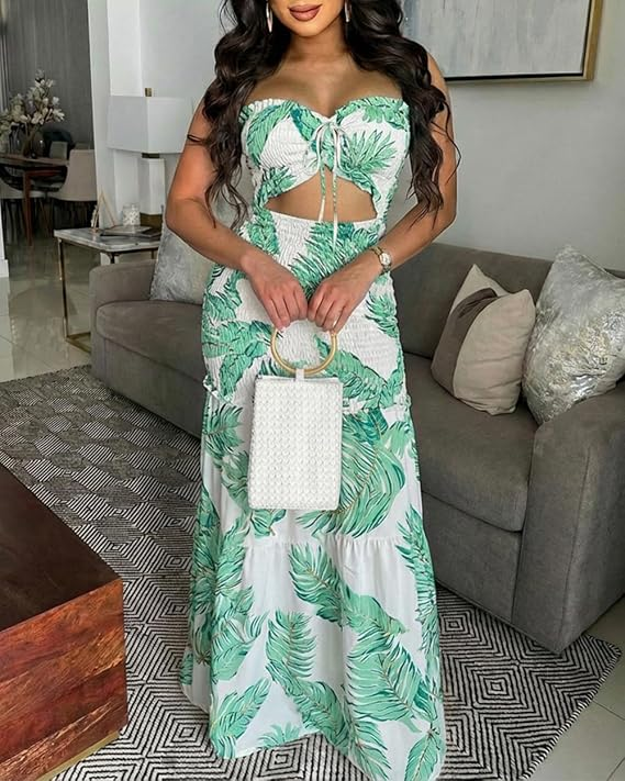 CHICME Floral Vacation Dress Halter Tie Ruched Womens Maxi Dress