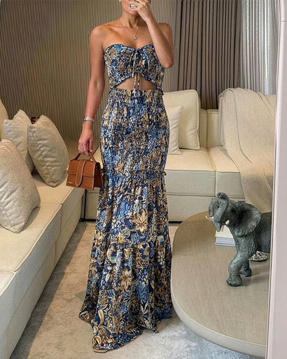 CHICME Floral Printed Prom Dress Tie Ruched Shirred Bandeau Party Dress
