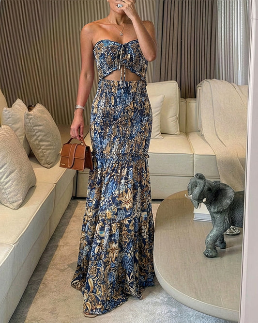 CHICME Floral Printed Prom Dress Tie Ruched Shirred Bandeau Party Dress