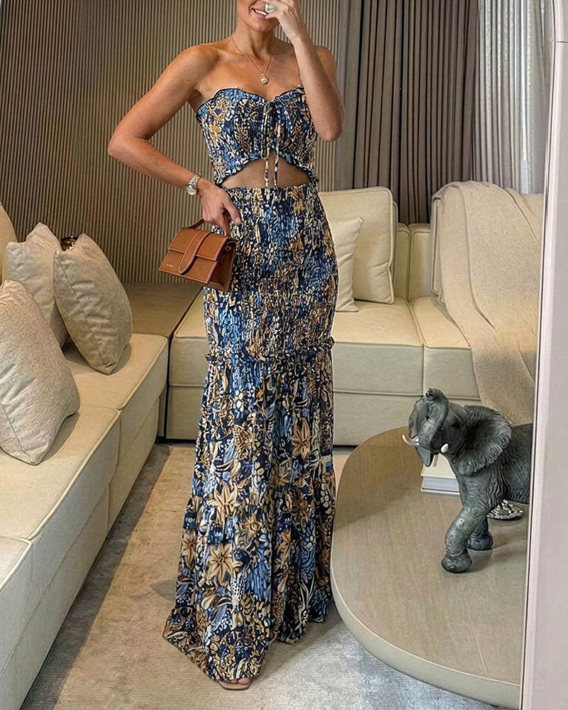 CHICME Floral Printed Prom Dress Tie Ruched Shirred Bandeau Party Dress