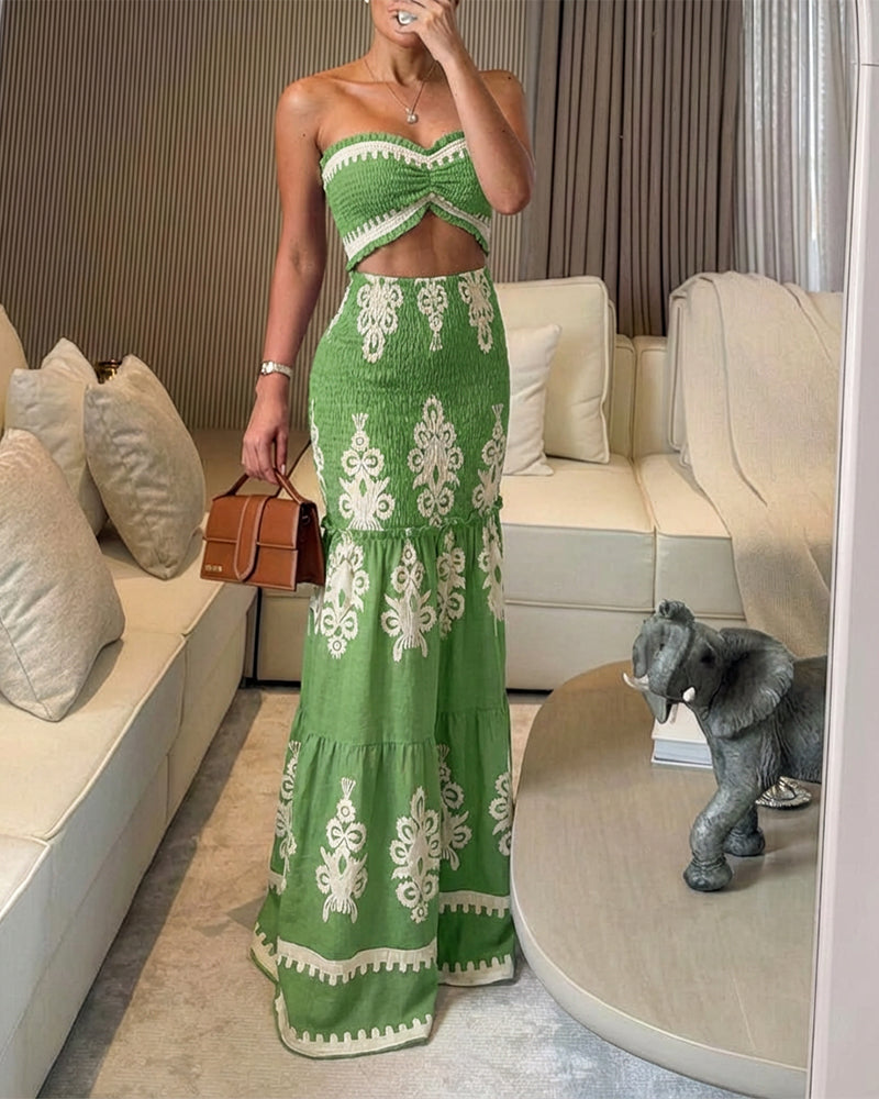 CHICME Floral Printed Prom Dress Tie Ruched Shirred Bandeau Party Dress