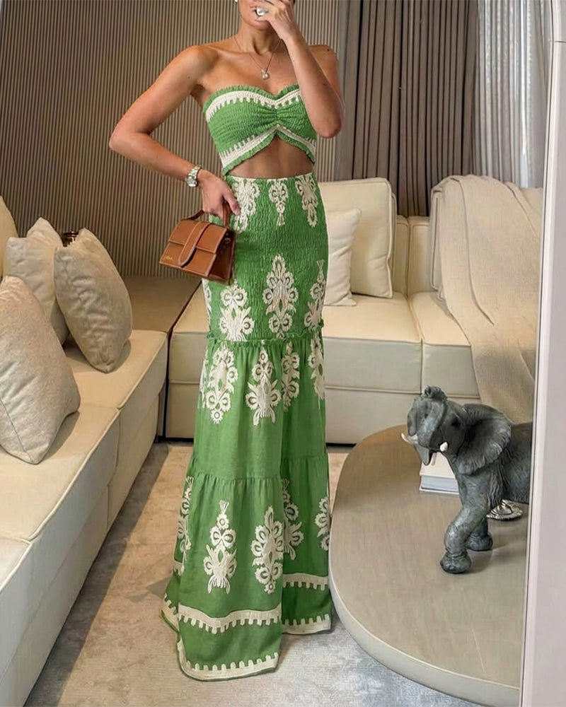 CHICME Floral Printed Prom Dress Tie Ruched Shirred Bandeau Party Dress