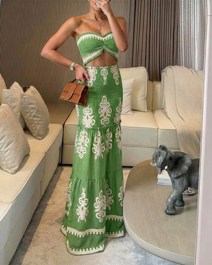 CHICME Floral Printed Prom Dress Tie Ruched Shirred Bandeau Party Dress