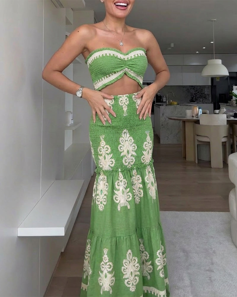 CHICME Floral Printed Prom Dress Tie Ruched Shirred Bandeau Party Dress