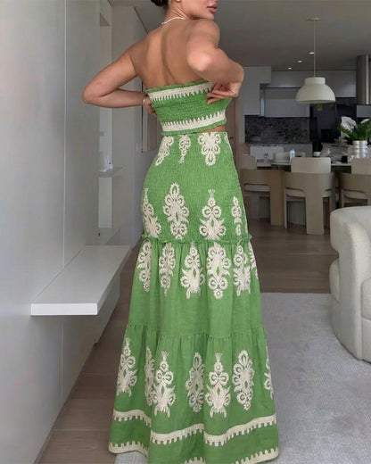 CHICME Floral Printed Prom Dress Tie Ruched Shirred Bandeau Party Dress