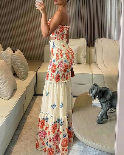 CHICME Floral Vacation Dress Halter Tie Ruched Womens Maxi Dress