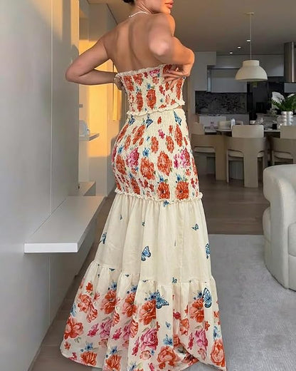 CHICME Floral Vacation Dress Halter Tie Ruched Womens Maxi Dress