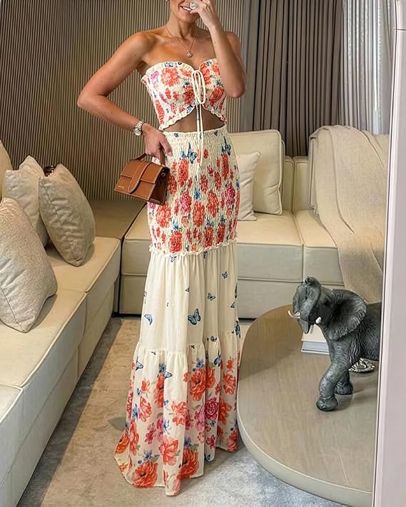CHICME Floral Vacation Dress Halter Tie Ruched Womens Maxi Dress